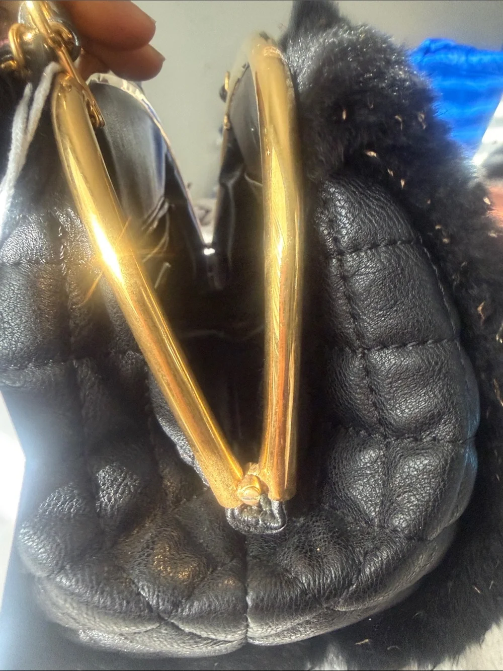 Chanel Rabbit Fur Lambskin Top-Handle Bag with Gold Chain crossbody Box Dust bag